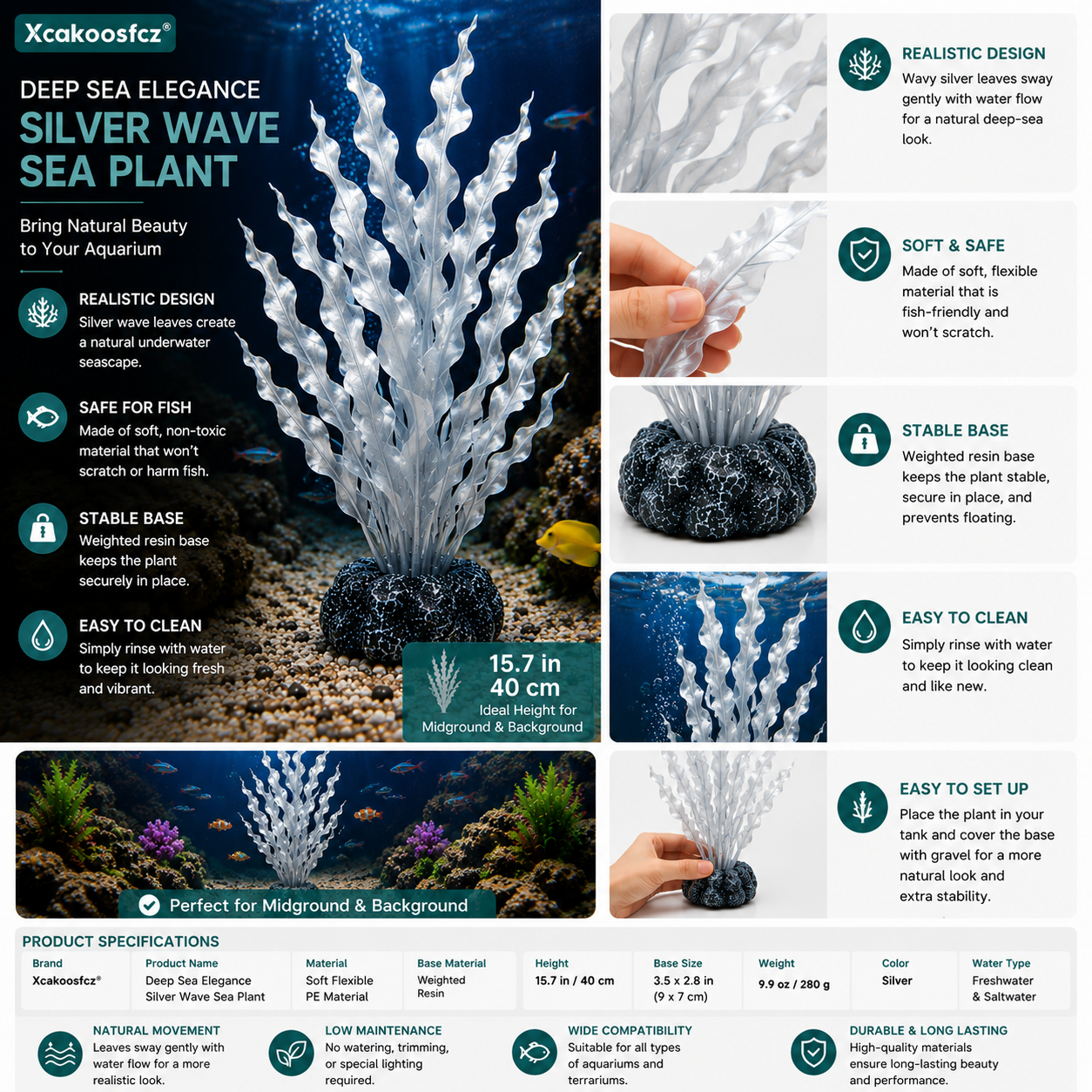 Xcakoosfcz® Deep Sea Elegance Silver Wave Sea Plant